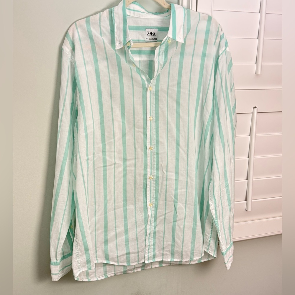 Zara Striped Button Down Shirt Mint Green White Relaxed Fit